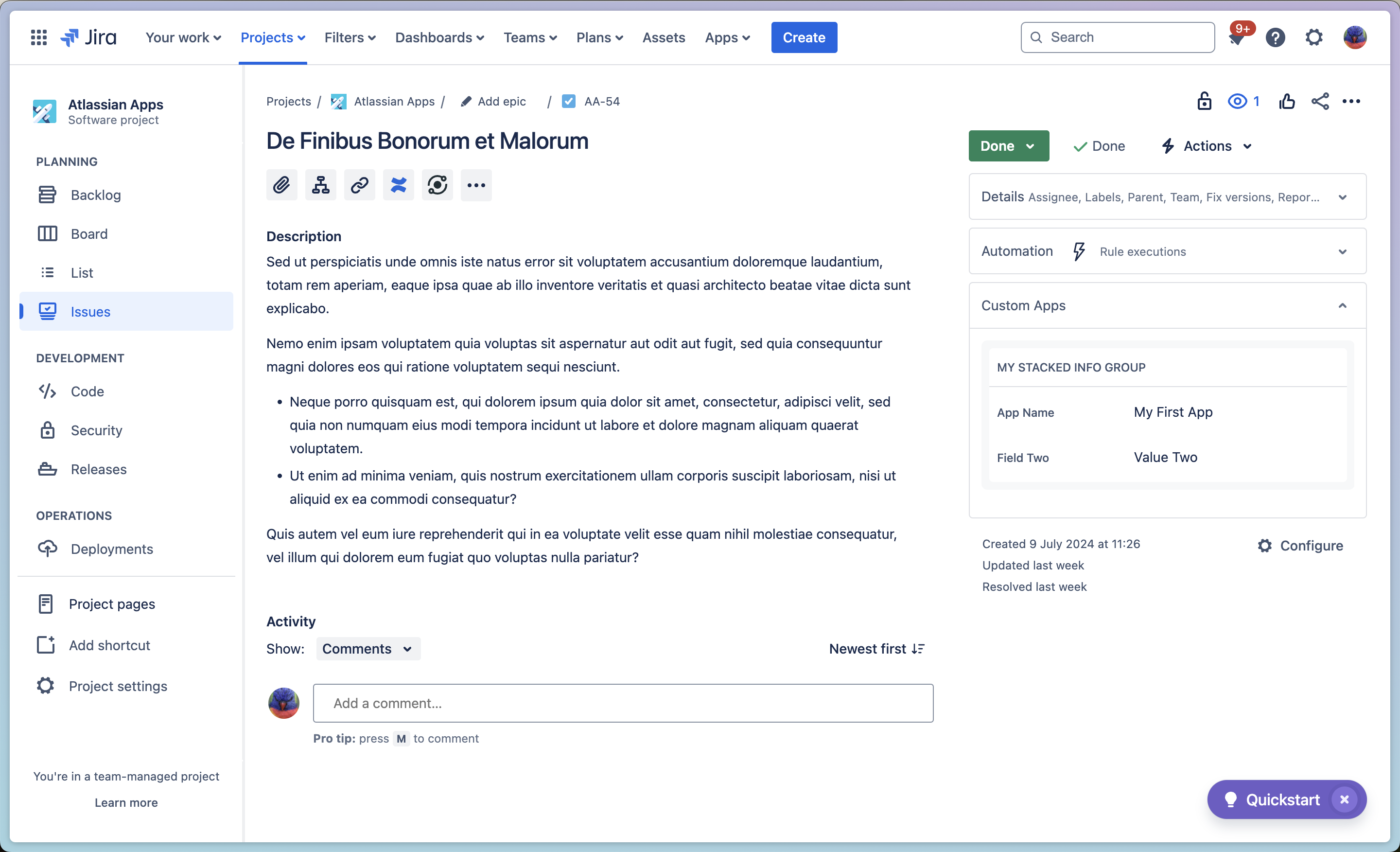 Jira Screenshot: Updating Your First App