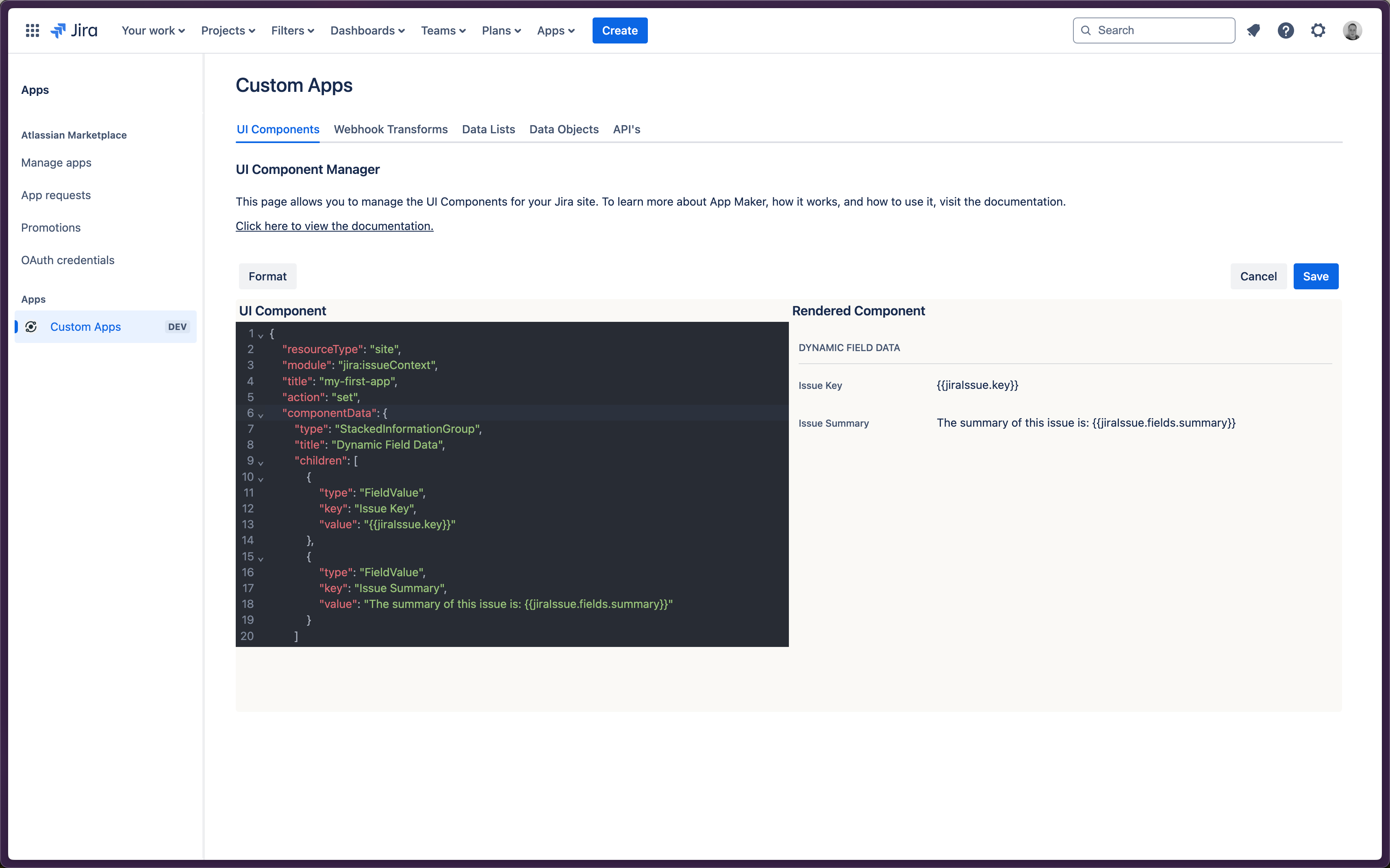 Templated UI Component JSON