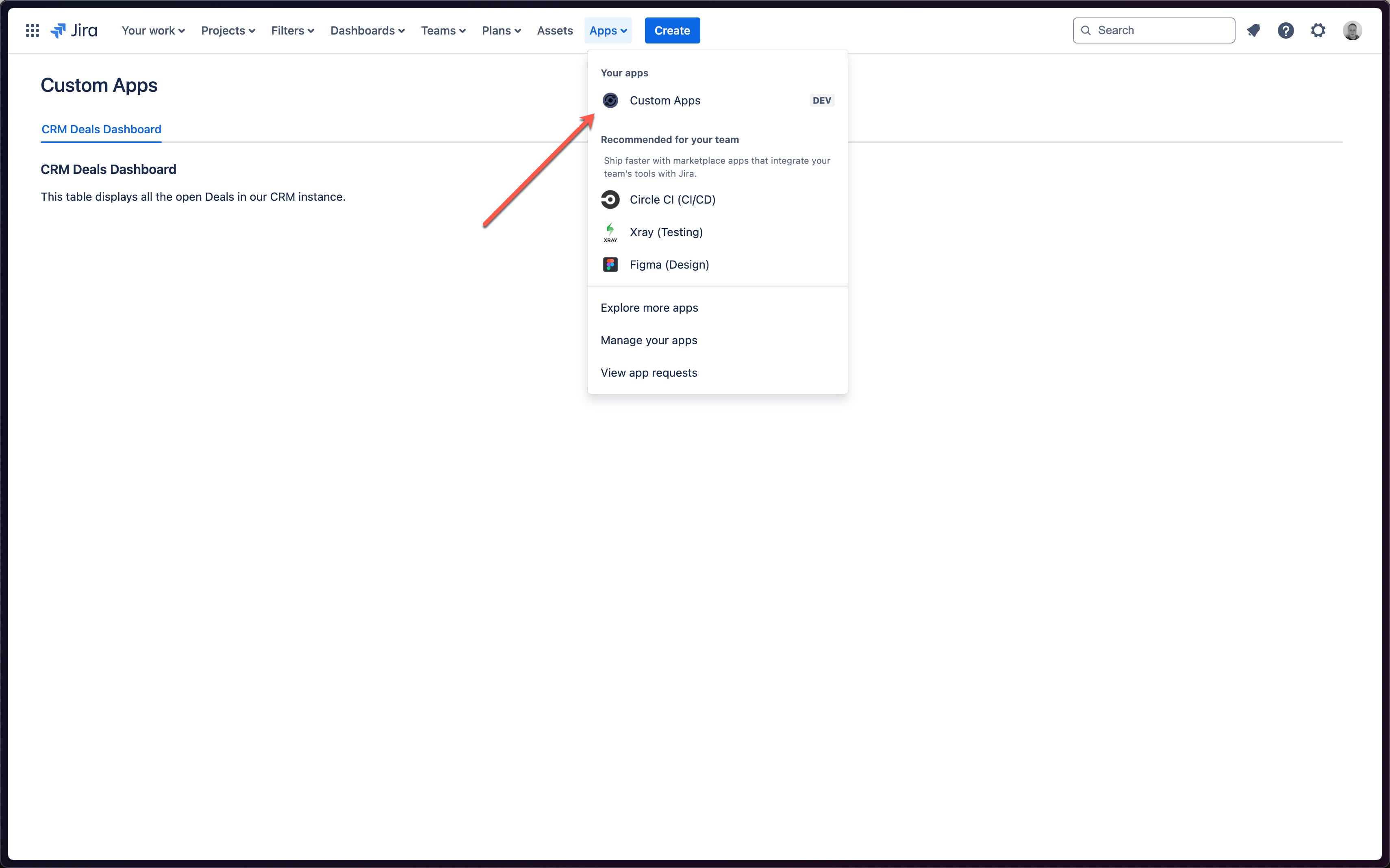 Jira Global Page with empty CRM Deal Table