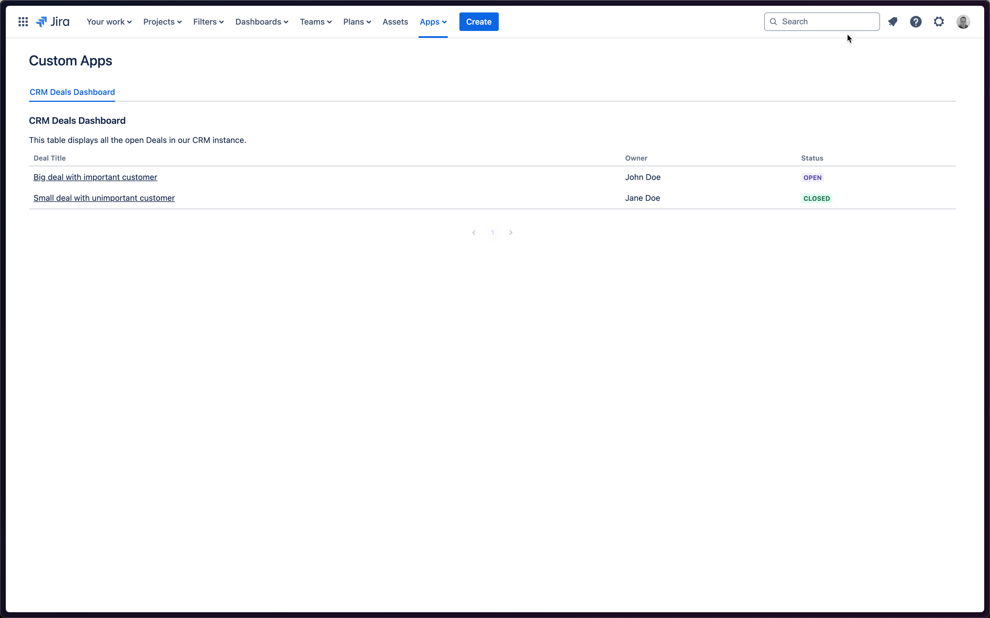 Jira Global Page with Deals Table and two Deals