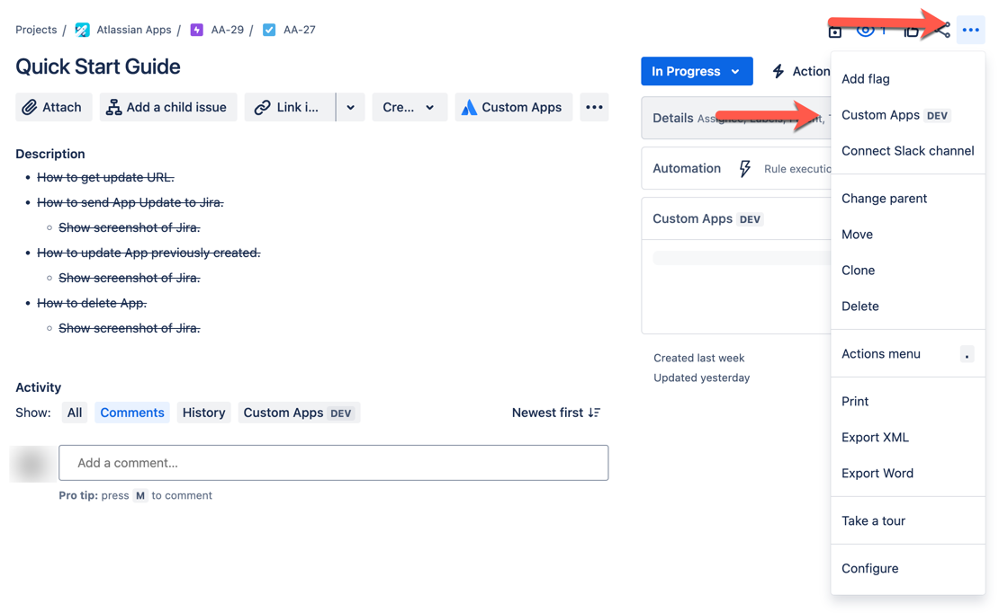 Jira Issue Action Menu