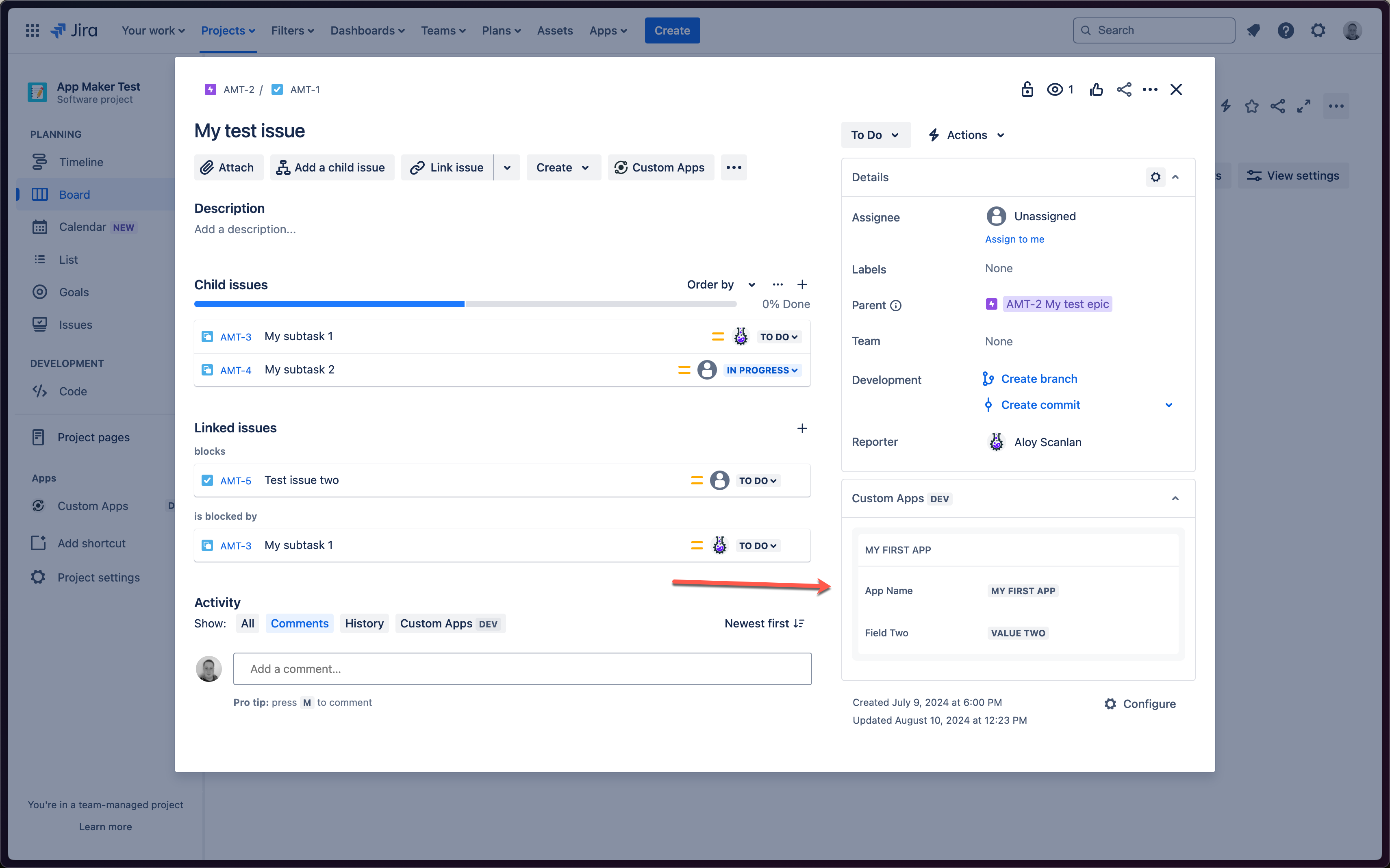 Jira Screenshot: Updating Your First App