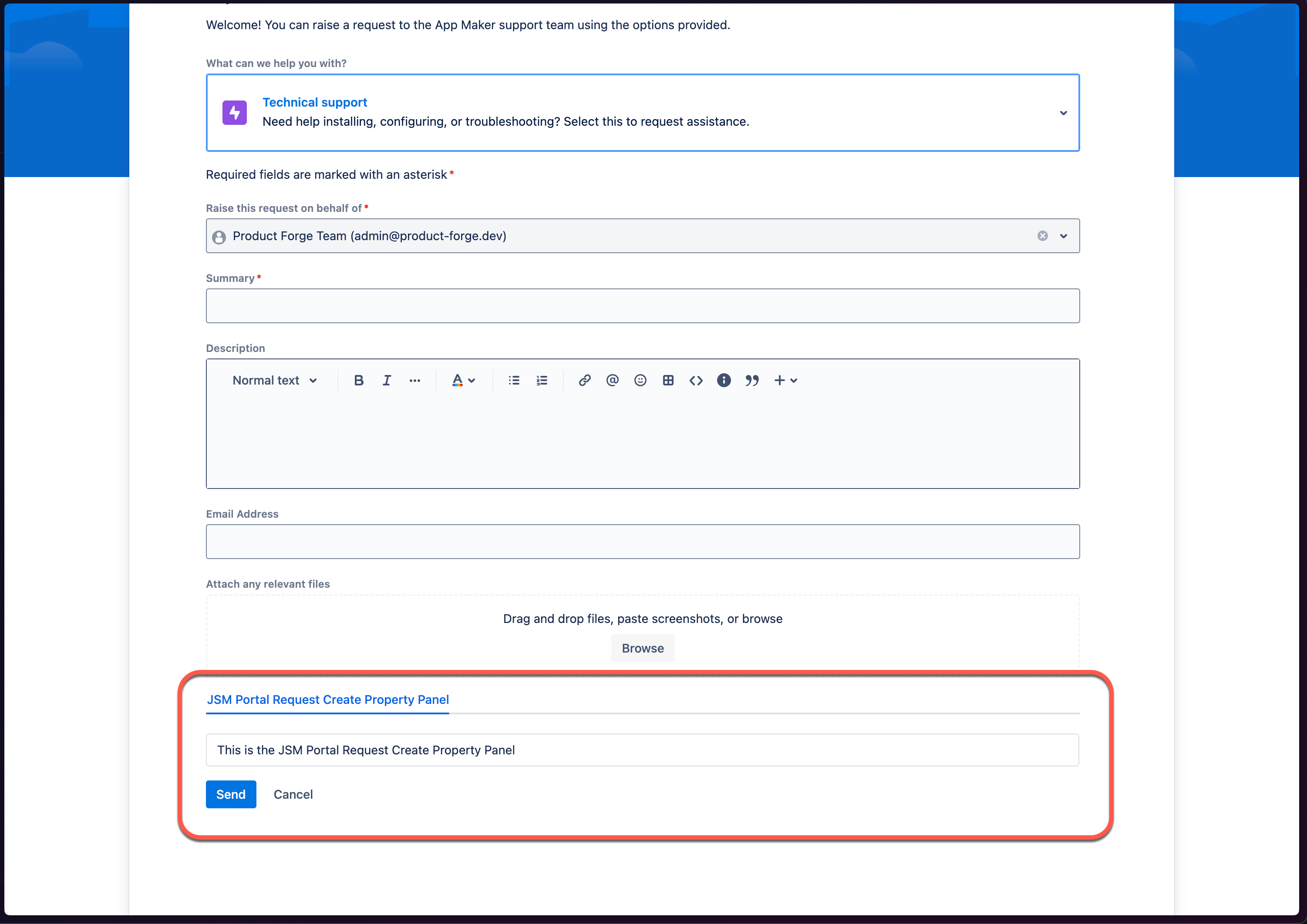 JSM Portal Request Create Property Panel