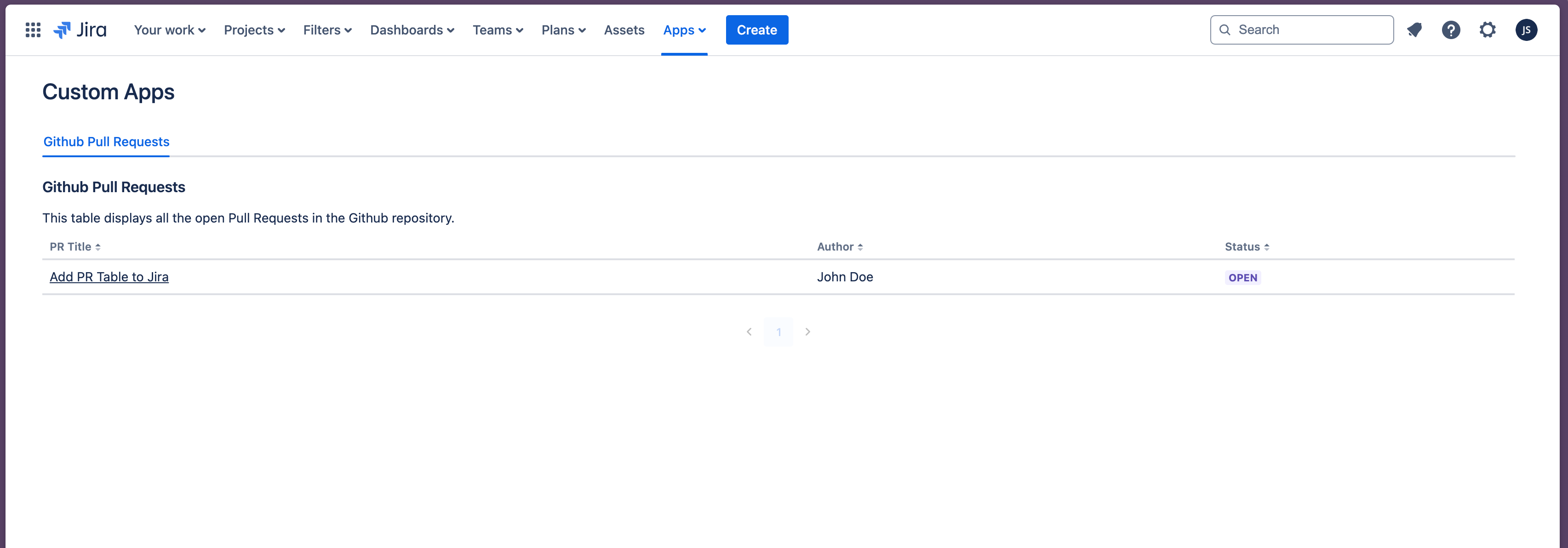 Jira Global Page with PR Table and one PR