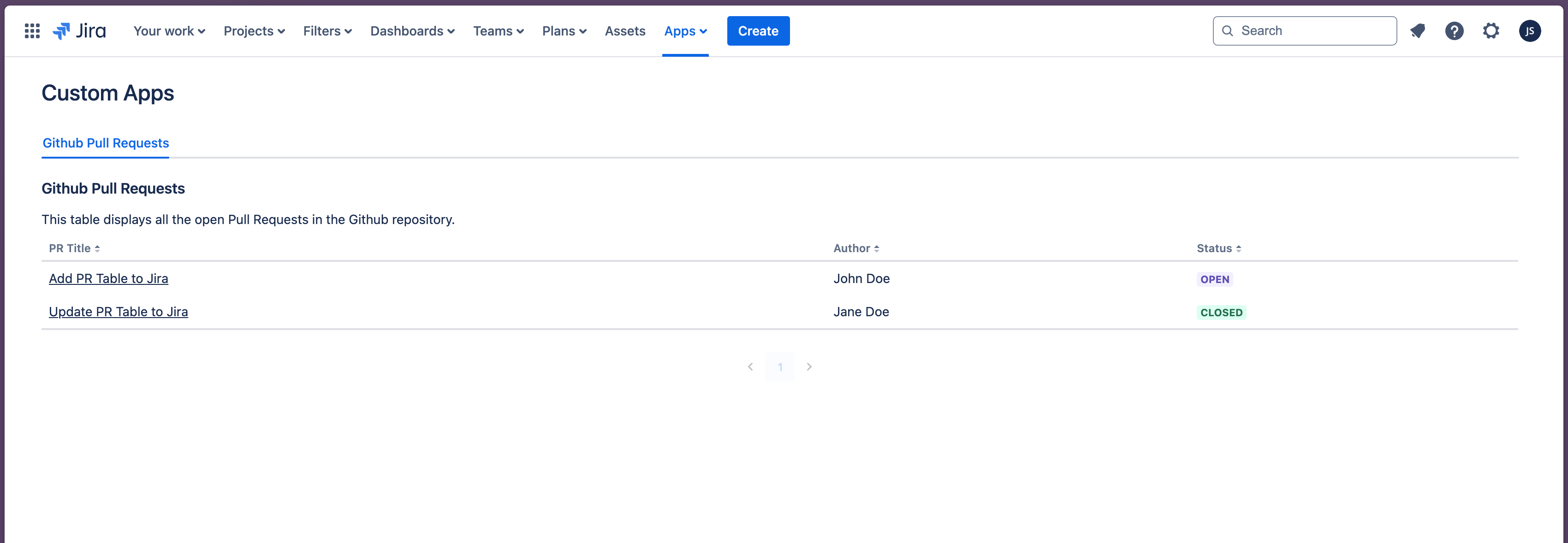 Jira Global Page with PR Table and two PRs