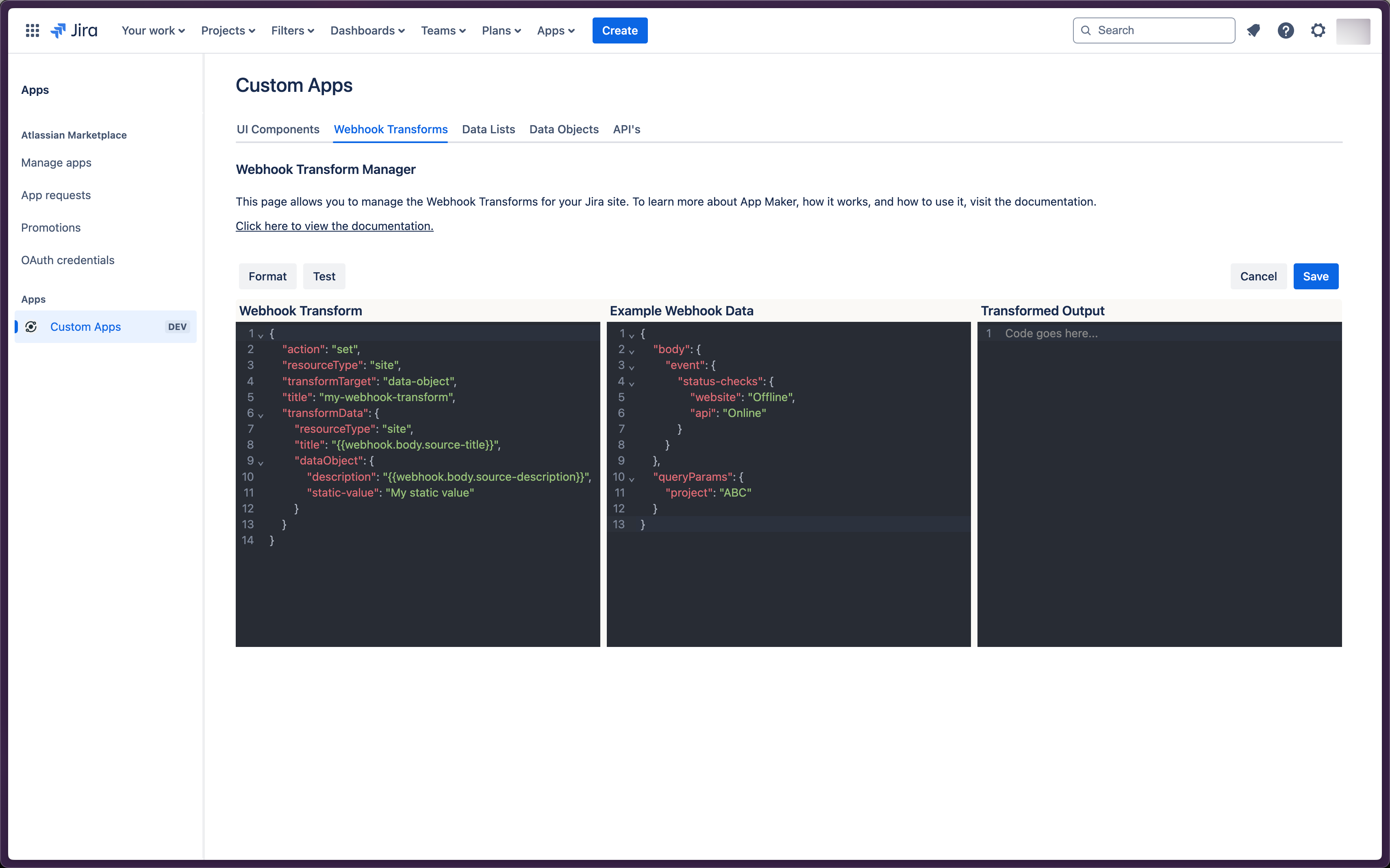 webhook transform updated example data